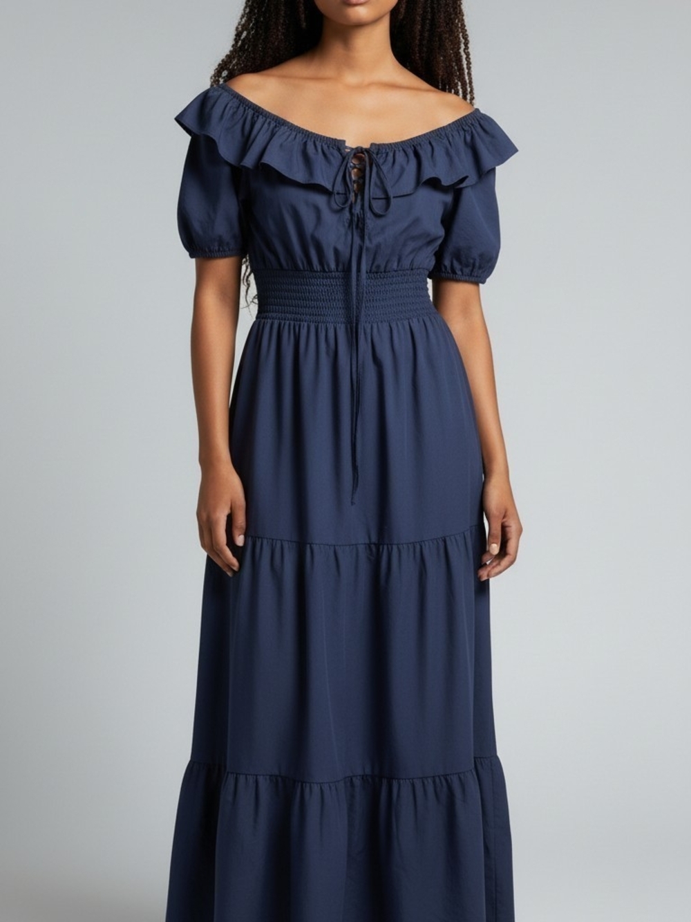 Off-Shoulder Navy Maxi Dress with Smocked Waist